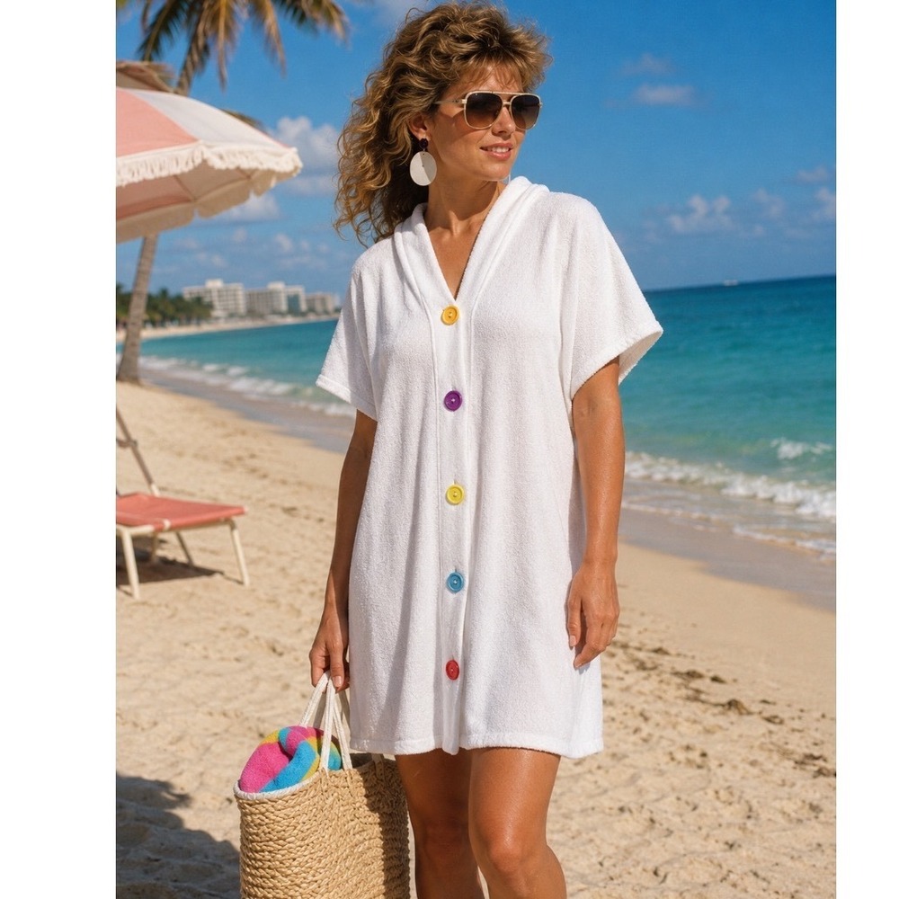 Heather vtg 80's Terry Cloth swim Cover Up Rainbow Button Front Tunic M/L